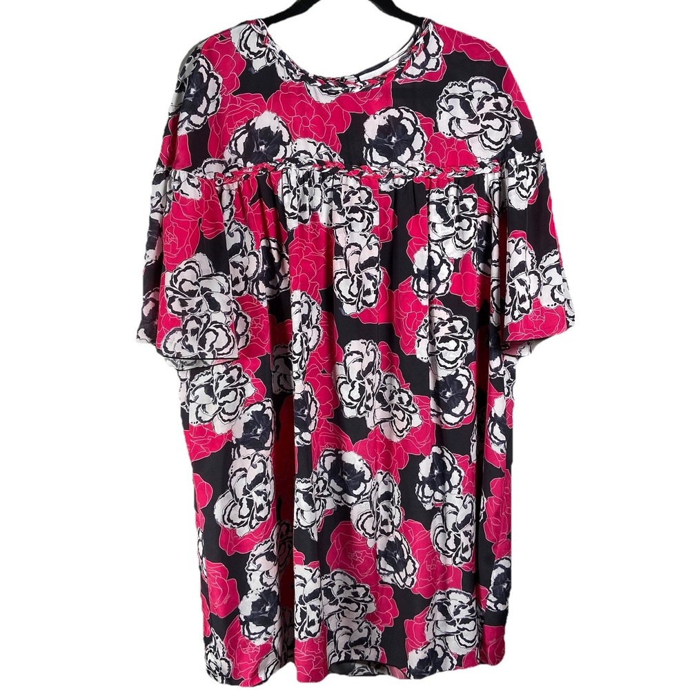 DYVNA 100% Silk Floral Babydoll Dress Pink Black White Size 12 Midi Shift Swing
